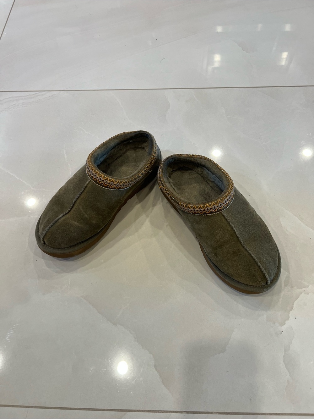 UGG Olive Green Suede Shearling Slip-On Slippers - Picture 4 of 7